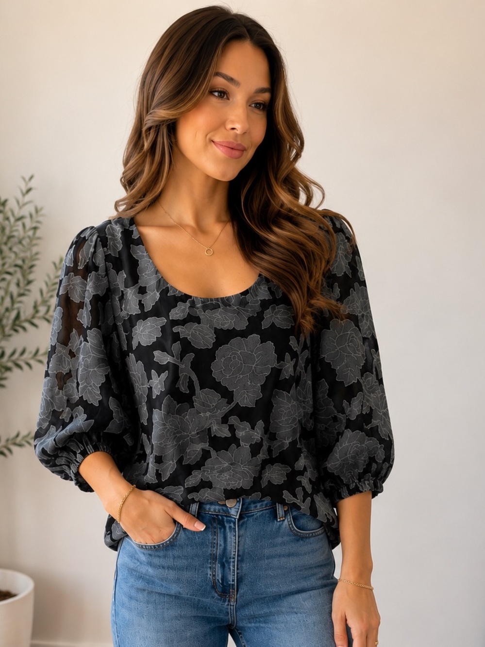 Bella Libre Black Gray Floral Burnout Blouse Puff Sleeve Size Small